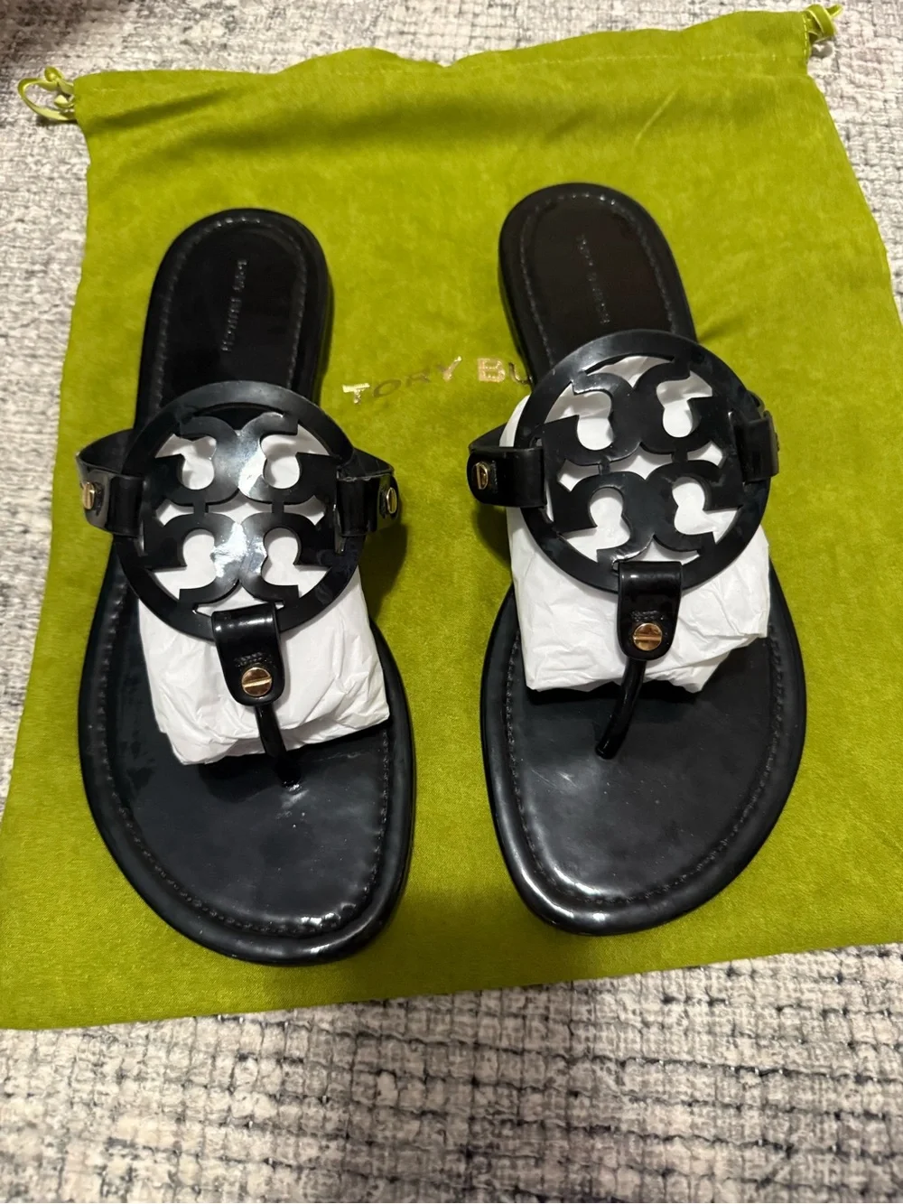Tory Burch Black Logo Thong Sandals with Gold Accents